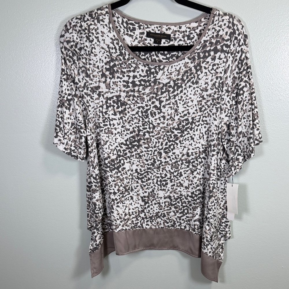 Donna Karan Sleepwear Grey and White Patterned Short‎ Sleeve Top Sz Small